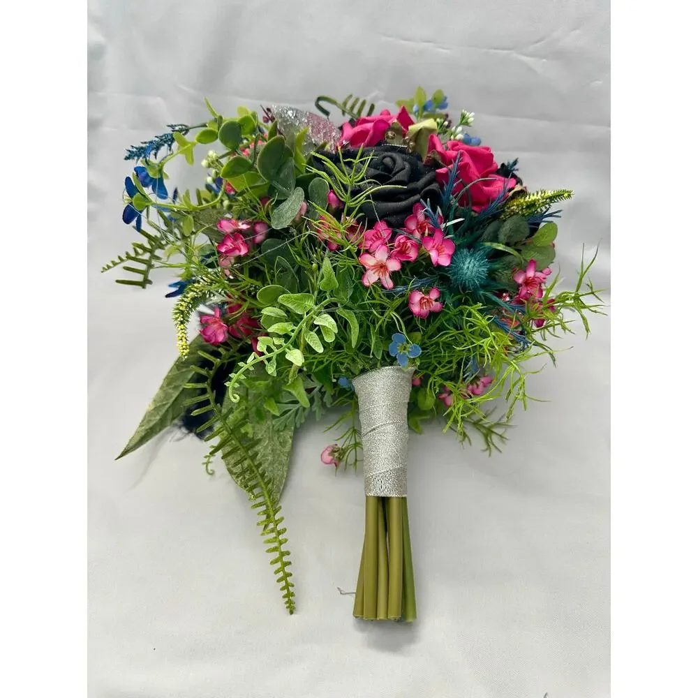 Homecoming prom floral bouquet artificial pink black blue feathers greensilver